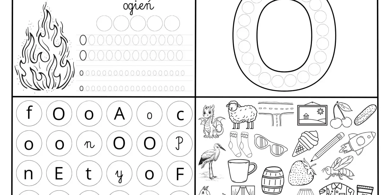 Karta pracy z literą "O" i obrazkami: ogień, smok, owca, bocian, koza, okno, oko, lampa, koszula, krem.