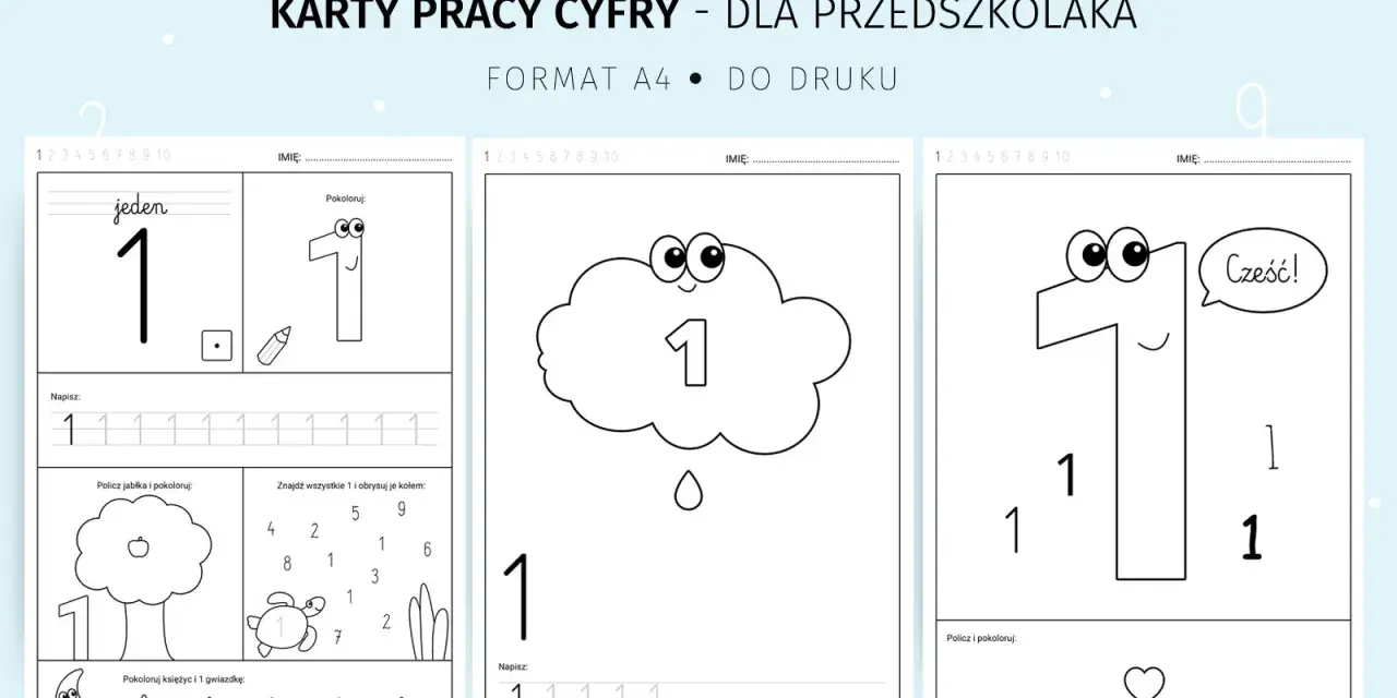 Karty pracy cyfry dla przedszkolaka: nauka pisania i liczenia liczby 1. Zabawy z rysowaniem i kolorowaniem.