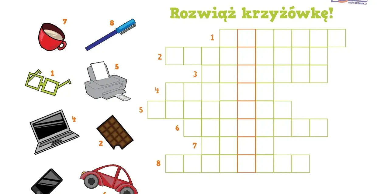 Rozwiąż krzyżówki dla dzieci online! Obrazek przedstawia przedmioty: okulary, czekoladę, telefon, laptop, drukarkę, kubek, długopis i samochód, które trzeba dopasować do pól w krzyżówce.