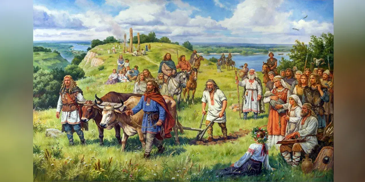 Scena z legendy o trzech braciach: ludność słowiańska w tradycyjnych strojach, orka, bydło, jeźdźcy, święte kamienie.
