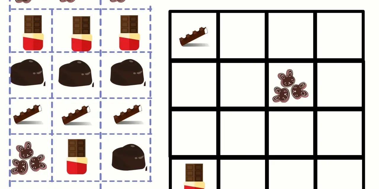 Karty pracy z motywem dnia czekolady: czekoladowe sudoku z różnymi słodkościami do ułożenia.
