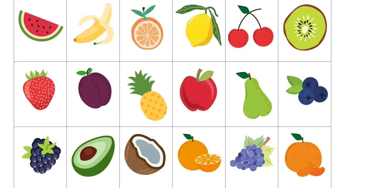 Proste wycinanki do druku: arbuz, banan, pomarańcza, cytryna, wiśnie, kiwi, truskawka, śliwka, ananas, jabłko, gruszka, borówki, jeżyna, awokado, kokos, mandarynka, winogrona.