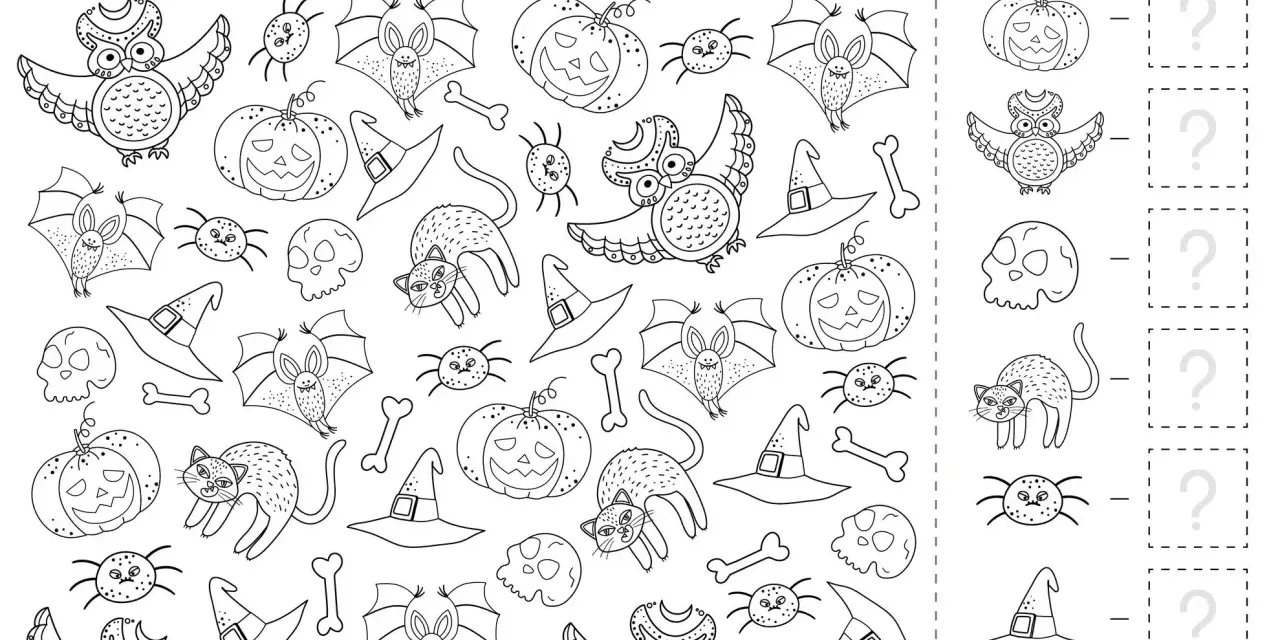 Zadania na Halloween: szukaj nietoperzy, sów, dyni, kotów, pająków, kapeluszy i kości.