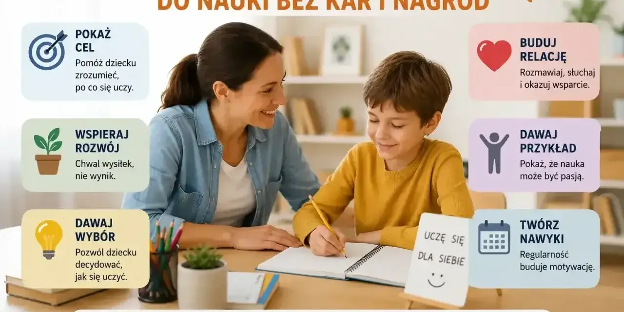 Kobieta i chłopiec uczą się razem. Grafika pokazuje, jak zmotywować dziecko do nauki, skupiając się na budowaniu relacji, dawaniu przykładu i wspieraniu rozwoju.