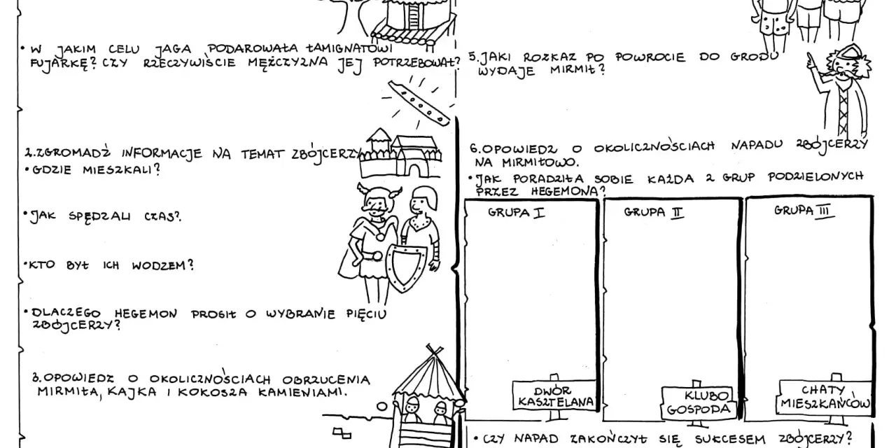 Test "Kajko i Kokosz: Szkoła latania" - zadania o zbójcerzach, Mirmił, Jaga i Łamignat.