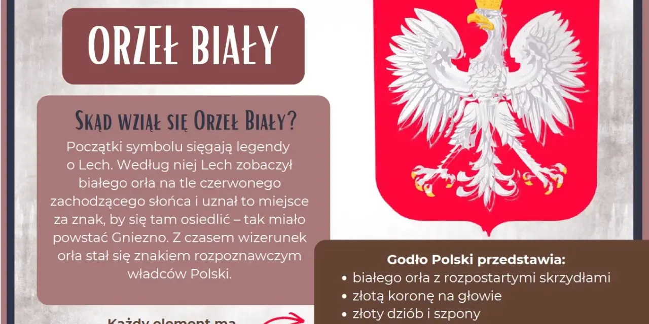 Legenda o orle białym opowiada o Lechu, który zobaczył białego orła na tle zachodzącego słońca. Godło Polski przedstawia białego orła ze złotą koroną.