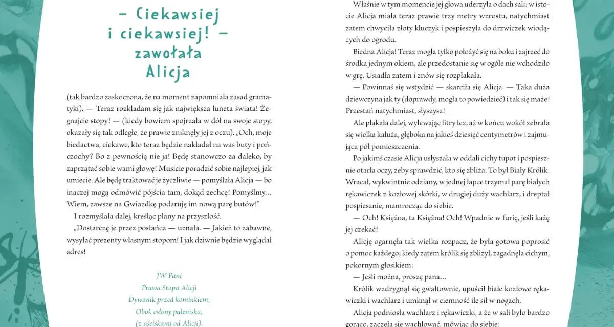 Plan wydarzeń Alicji w Krainie Czarów: Alicja rośnie, płacze, spotyka Białego Królika.