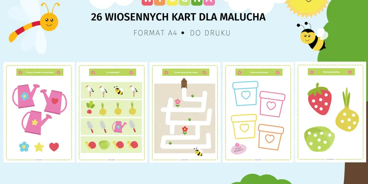 Wiosenne karty pracy dla malucha: dopasuj konewki, znajdź różnice, poprowadź pszczółkę do ula, pokoloruj doniczki i wyklej owoce.