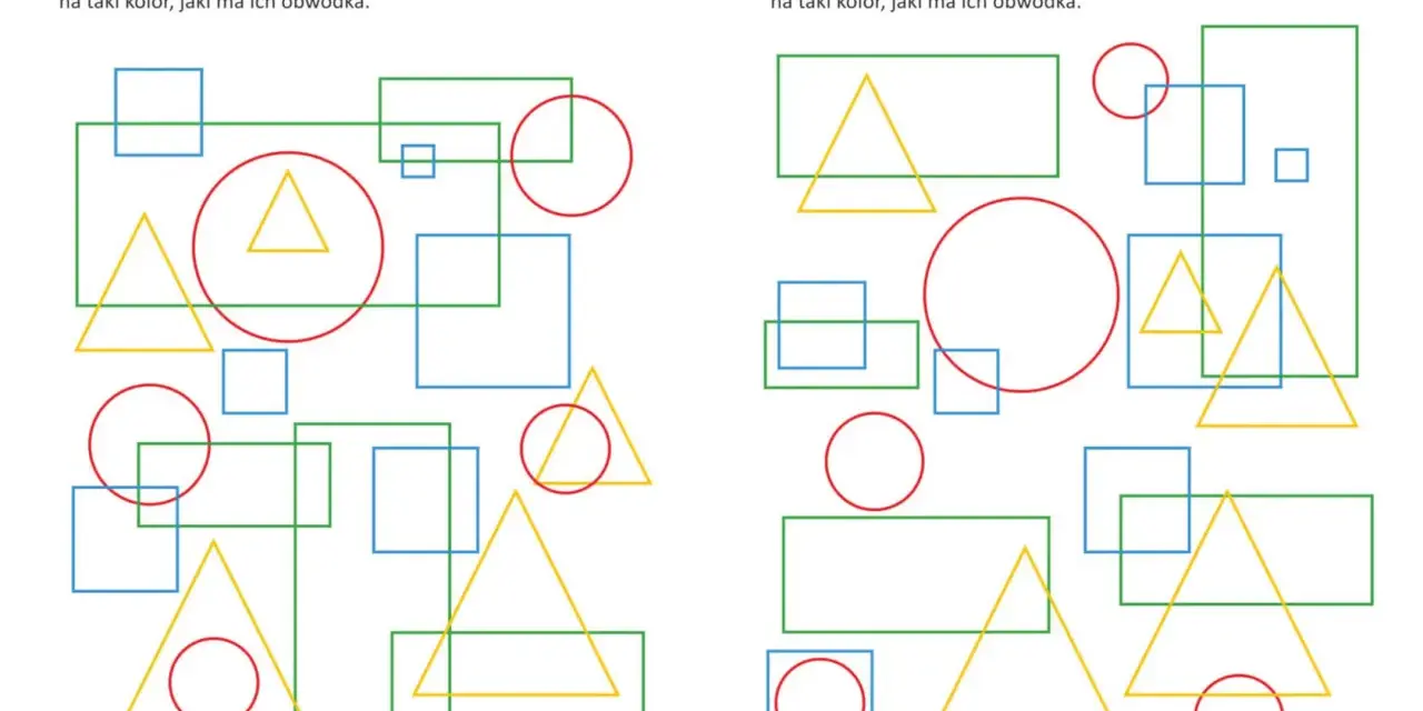 Zadania z geometrii klasa 3 do druku: koloruj figury zgodnie z kolorem ich obwódki.