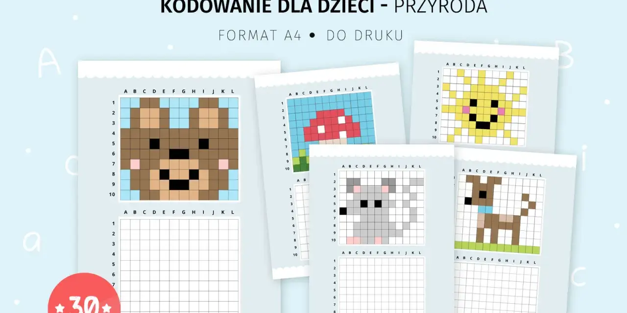 Karty pracy do kodowania dla dzieci: miś, grzyb, słońce, myszka, piesek. Idealne do nauki przez zabawę.