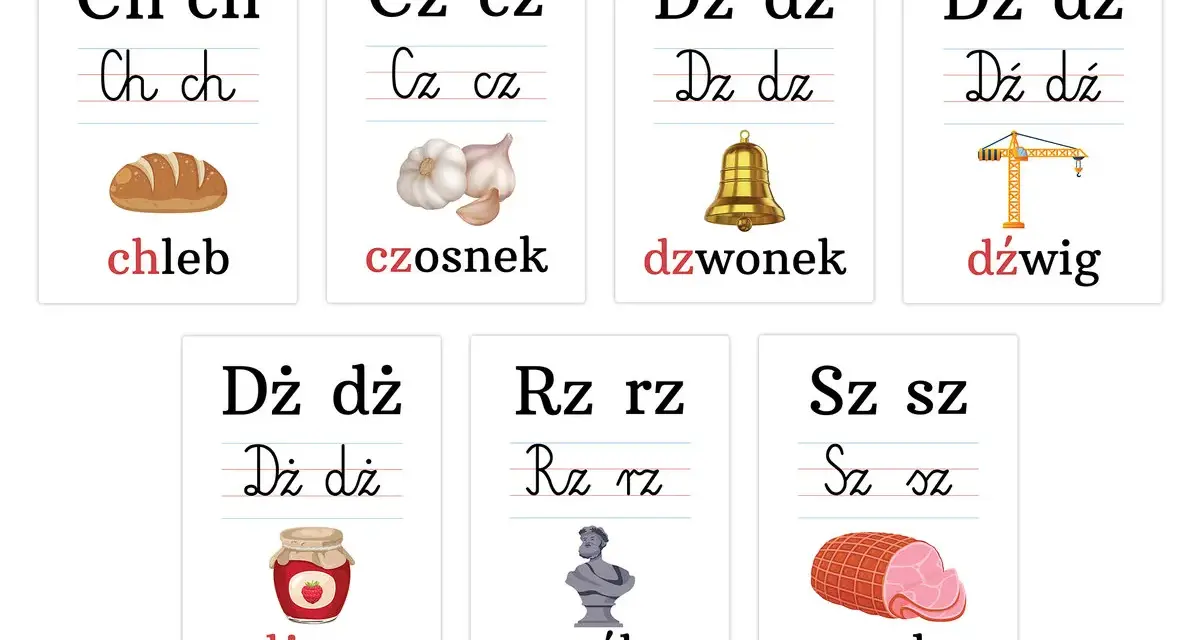 Karty pracy z dwuznakami: chleb, czosnek, dzwonek, dźwig, dżem, rzeźba, szynka.