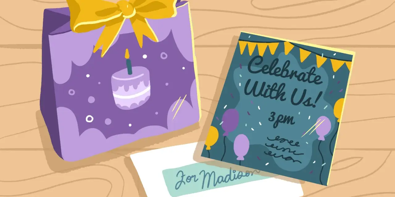 Uroczy zaproszenie na urodziny szablon z fioletową torbą prezentową i kartką "Celebrate With Us!".