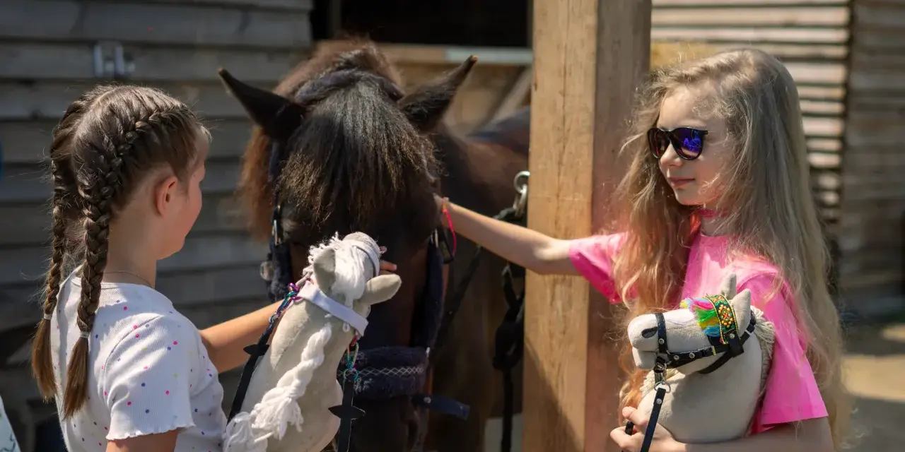 Dwie dziewczynki bawią się pluszowymi końmi. Jedna z nich głaszcze prawdziwego konia, a druga trzyma swojego hobby horse.