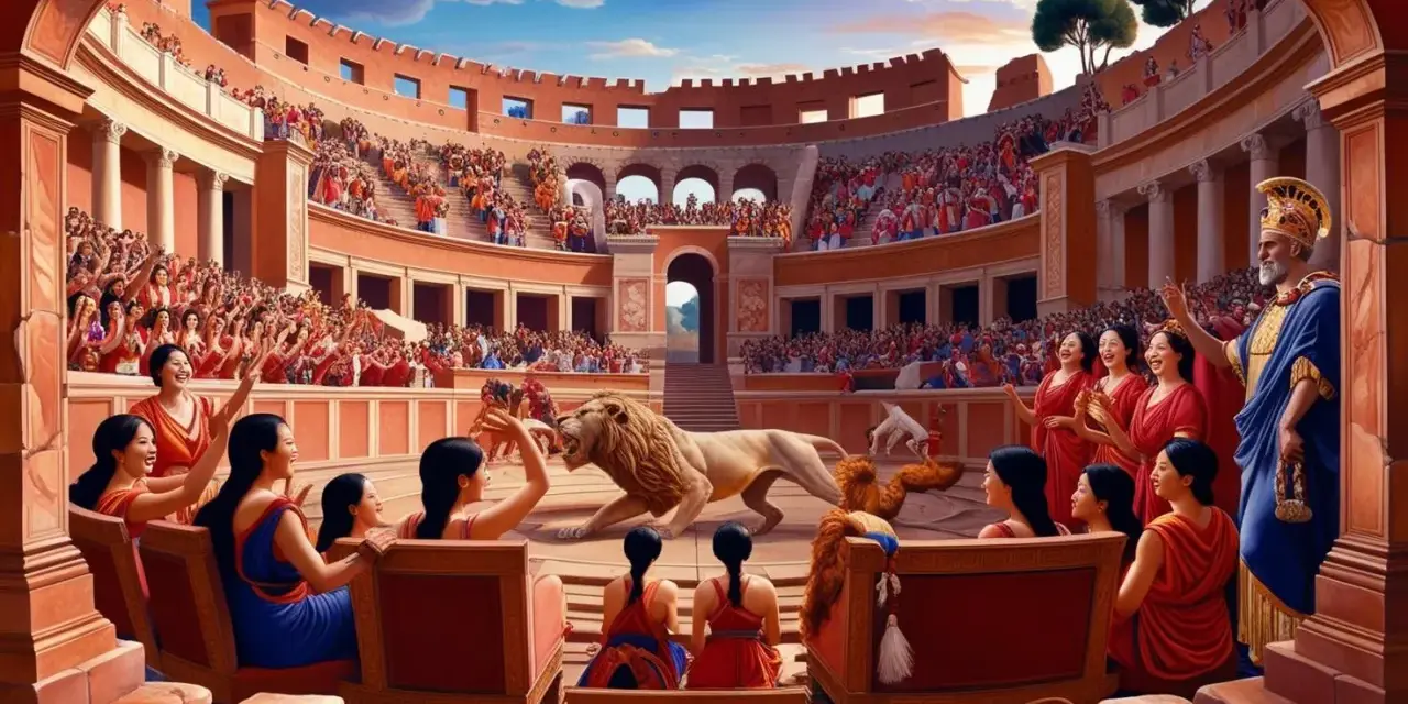 Arena pełna widzów, lew na piasku. Scena z filmu "Quo Vadis" - streszczenie szczegółowe.
