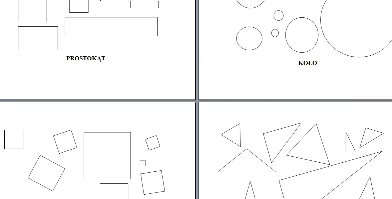 Karta pracy figury geometryczne: prostokąty, koła, kwadraty i trójkąty.