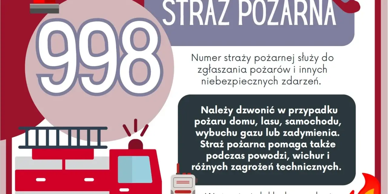 Numer alarmowy 998 dla dzieci. Straż pożarna ratuje w pożarach, powodziach i innych niebezpiecznych sytuacjach.