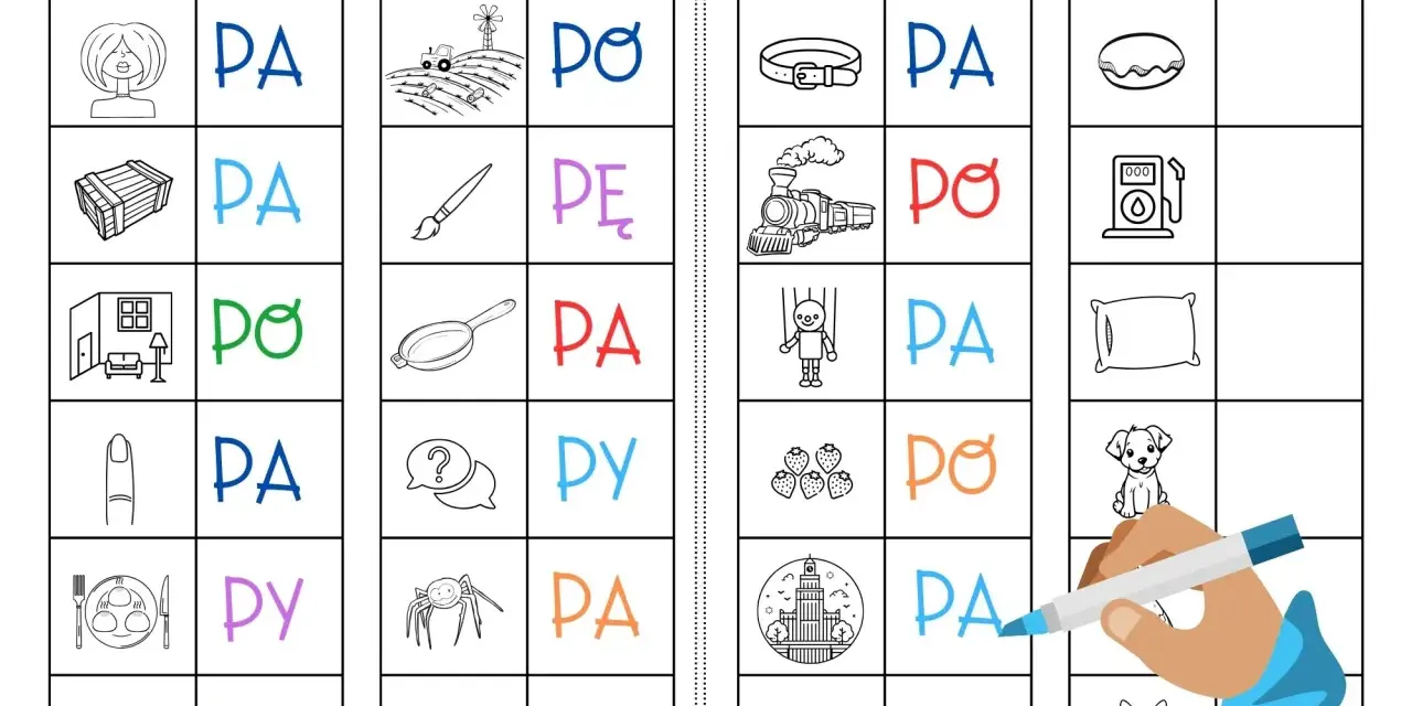 Zabawa z sylabami: "PA", "PO", "PE", "PY", "PU" dla dzieci. Obrazki pomagają w nauce czytania.