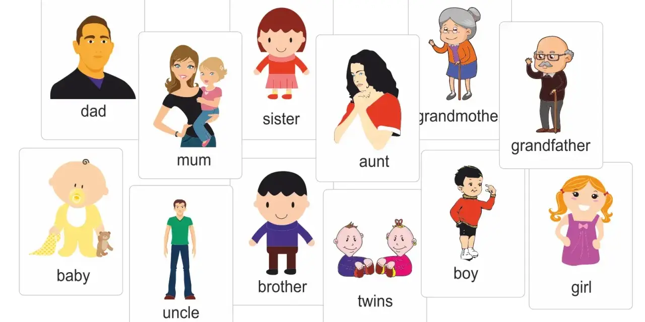 Ilustracje przedstawiające członków rodziny po angielsku, klasa 4: dad, mum, sister, aunt, grandmother, grandfather, baby, uncle, brother, twins, boy, girl.