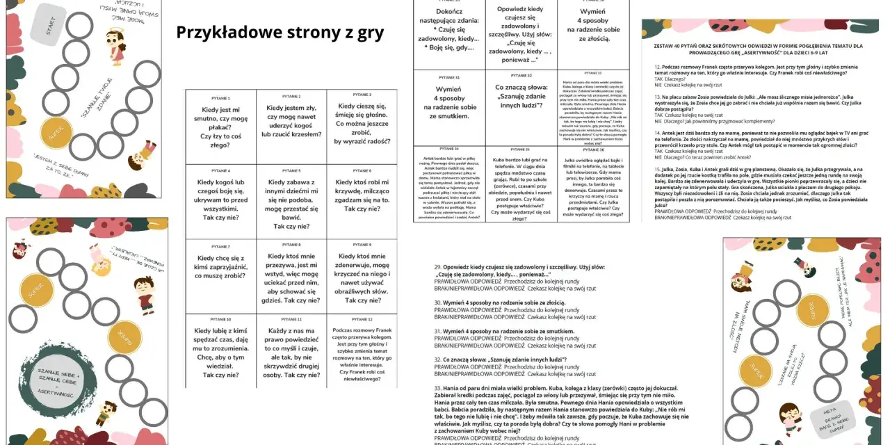 Zestaw zadań dla 8 latka do druku: plansza gry z pytaniami o emocjach i relacjach, zachęcająca do rozmowy i nauki.