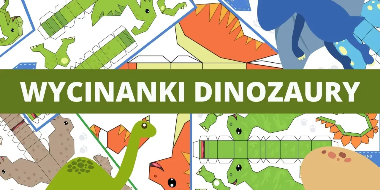 Wzory do wycinania i składania, jak zrobić dinozaura z kartonu. Kolorowe szablony z różnymi prehistorycznymi stworzeniami.