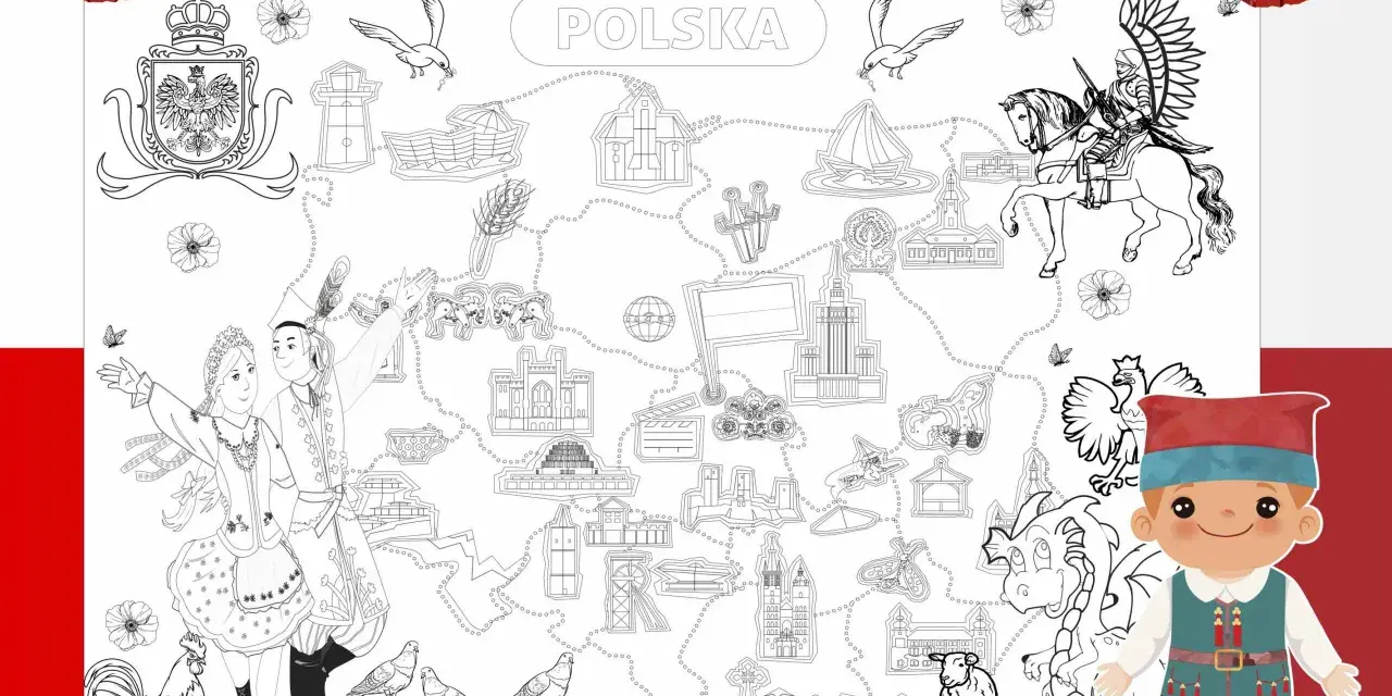 Wielka mapa Polski do pokolorowania, pełna zabytków, postaci i symboli narodowych. Idealna do nauki i zabawy, te kolorowanki XXL do druku przeniosą Cię w podróż po kraju.