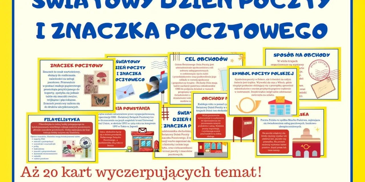 Światowy Dzień Poczty i Znaczka Pocztowego. Obrazek przedstawia elementy związane z pocztą, znaczki, skrzynkę pocztową i pocztę.