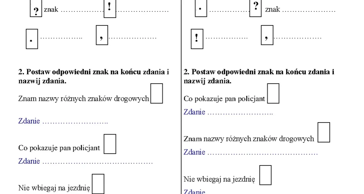 Ćwiczenie dla klasy 3: nazwij znaki i postaw odpowiedni znak na końcu zdania. Przykłady wyrazów bliskoznacznych.