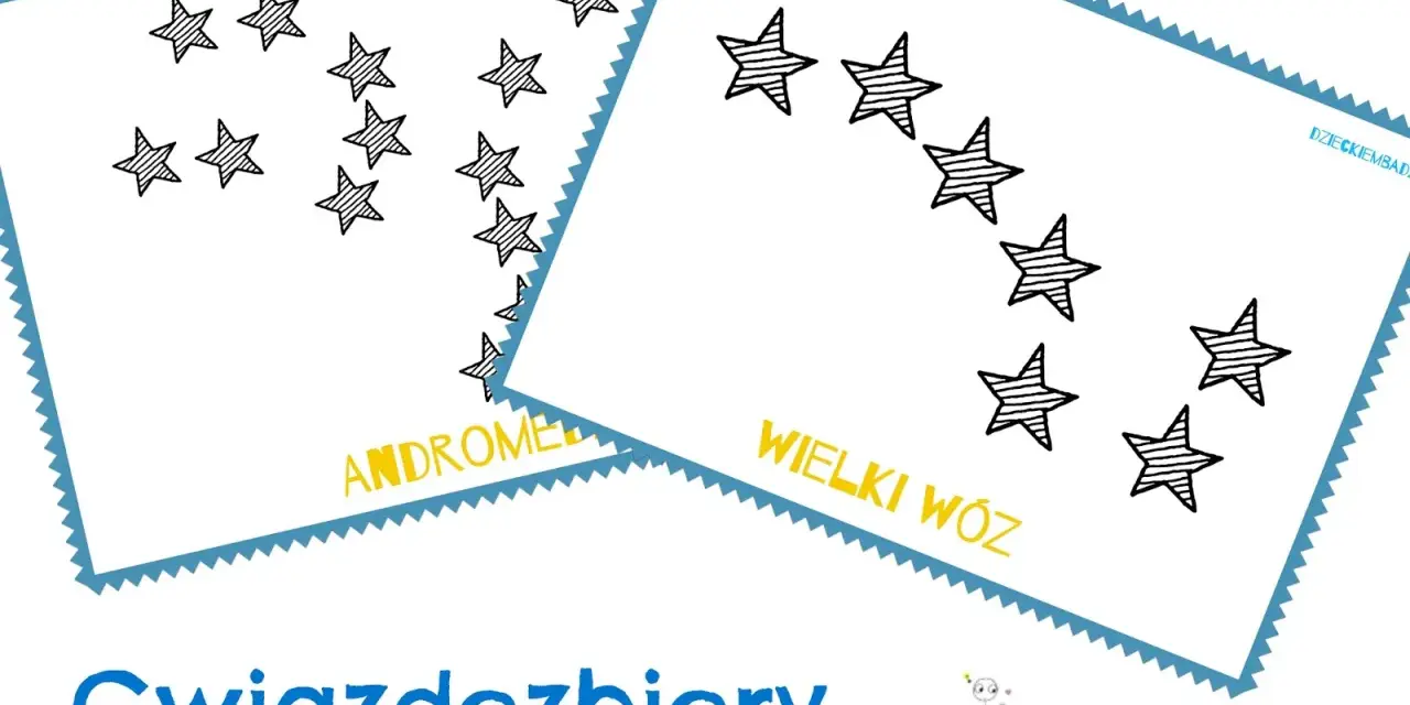 Uczymy się gwiazdozbiorów dla dzieci: Andromedy i Wielkiego Wozu. Proste rysunki gwiazd zachęcają do odkrywania kosmosu.