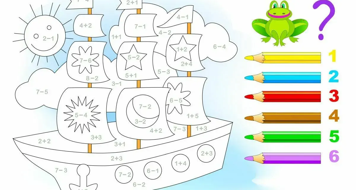 Kolorowanka z żaglowcem i zadaniami matematycznymi. Rozwiąż działania, by dowiedzieć się, jak pokolorować obrazek. Zabawy matematyczne do wydrukowania.