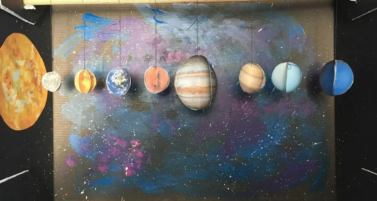 Model Układu Słonecznego, praca plastyczna z planetami wiszącymi na tle kosmicznego malowidła.