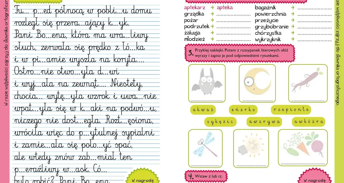 Krótkie dyktanda klasa 3: Uzupełnij tekst o Pani Bożenie, która usłyszała przerażający krzyk.