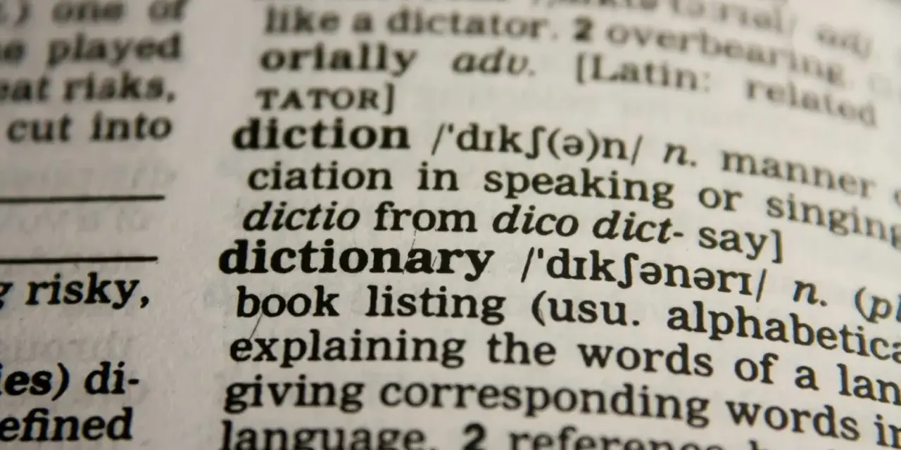 Słownik z hasłem "dictionary" i jego definicją. Idealny do nauki nowych słów, świetne wyrazy na d dla dzieci.