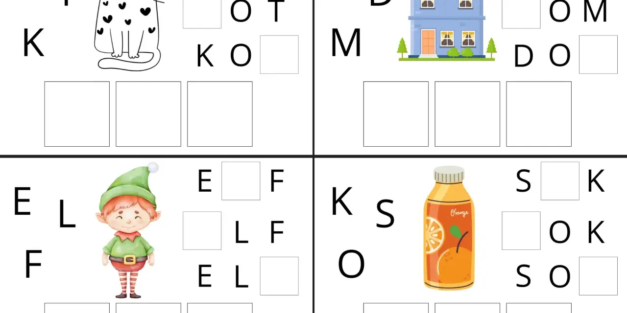 Rozsypanka wyrazowa klasa 1: kot, dom, elf, sok. Uzupełnij litery, by utworzyć słowa.