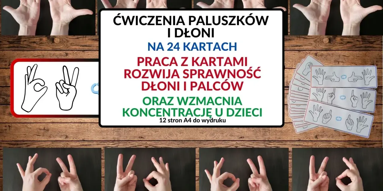 Ćwiczenia paluszków i dłoni na 24 kartach. Praca z kartami rozwija sprawność dłoni i palców, wzmacnia koncentrację u dzieci. Idealne do rozwijania motoryki małej.