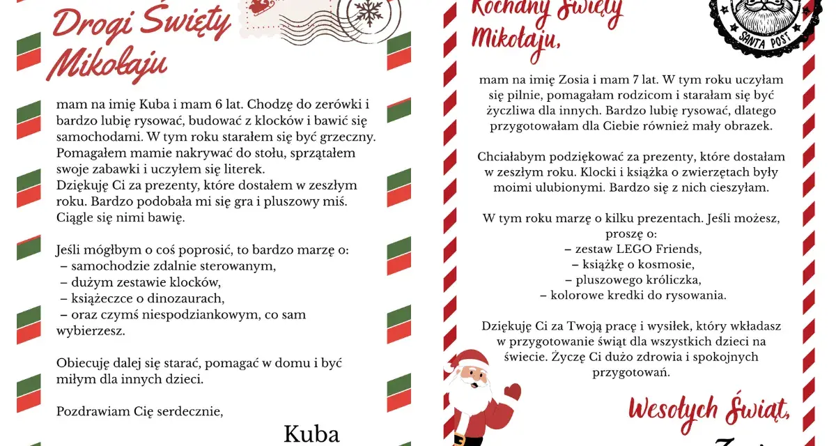 List do Mikołaja od Kuby i Zosi. Kuba prosi o auto zdalnie sterowane, Zosia o zestaw LEGO Friends.