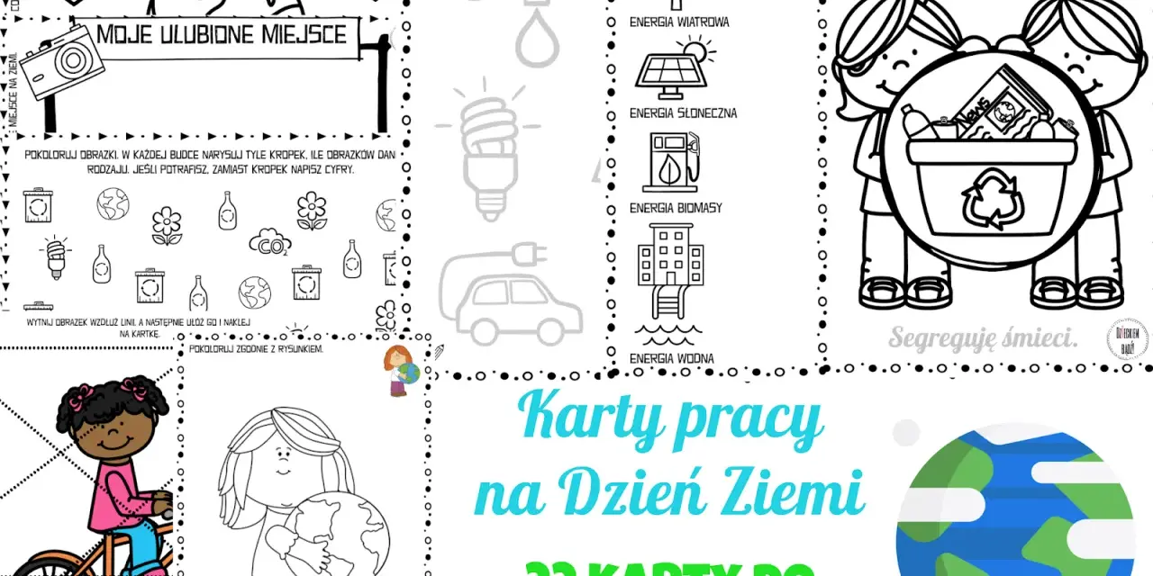 Ilustracja z kartami pracy o ekologii dla przedszkola: dzieci, Ziemia, segregacja śmieci, energia odnawialna.
