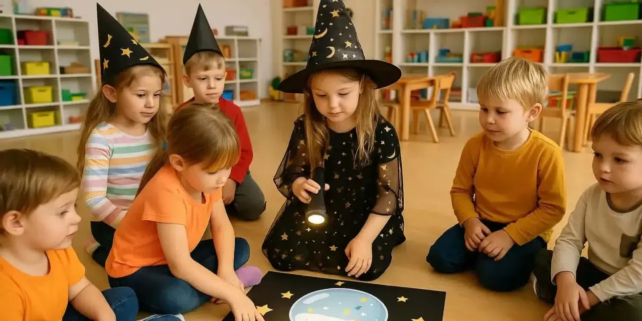 Dzieci w czarodziejskich czapkach na podłodze, przygotowują się do wróżb andrzejkowych w szkole. Jedna z dziewczynek świeci latarką na magiczną kulę.