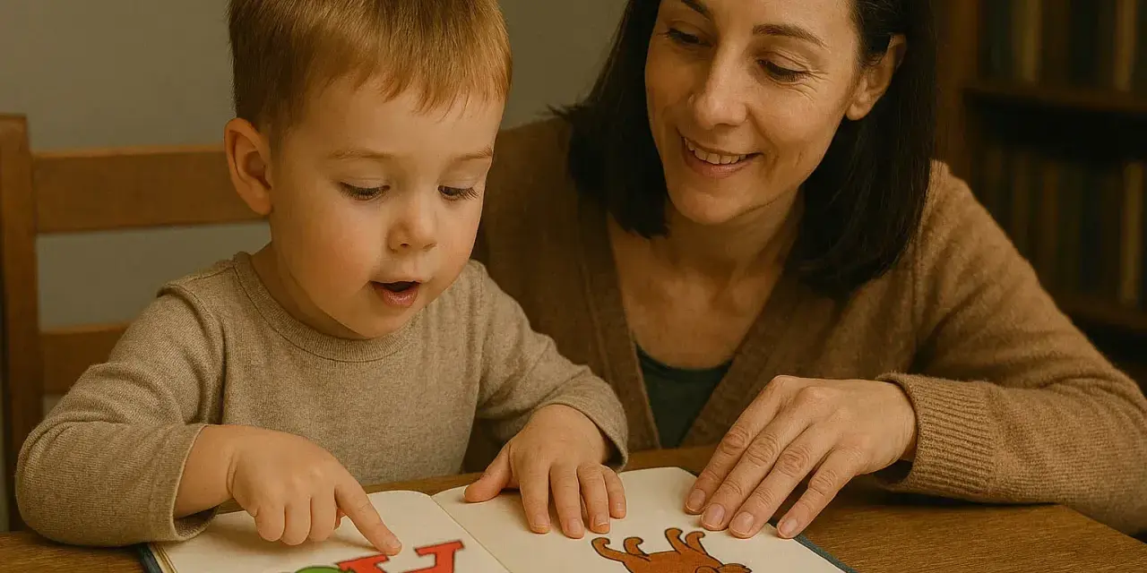 Mama uczy synka liter, wskazując paluszkiem na obrazek jabłka i literę "A". To świetny sposób, jak nauczyć dziecko liter.