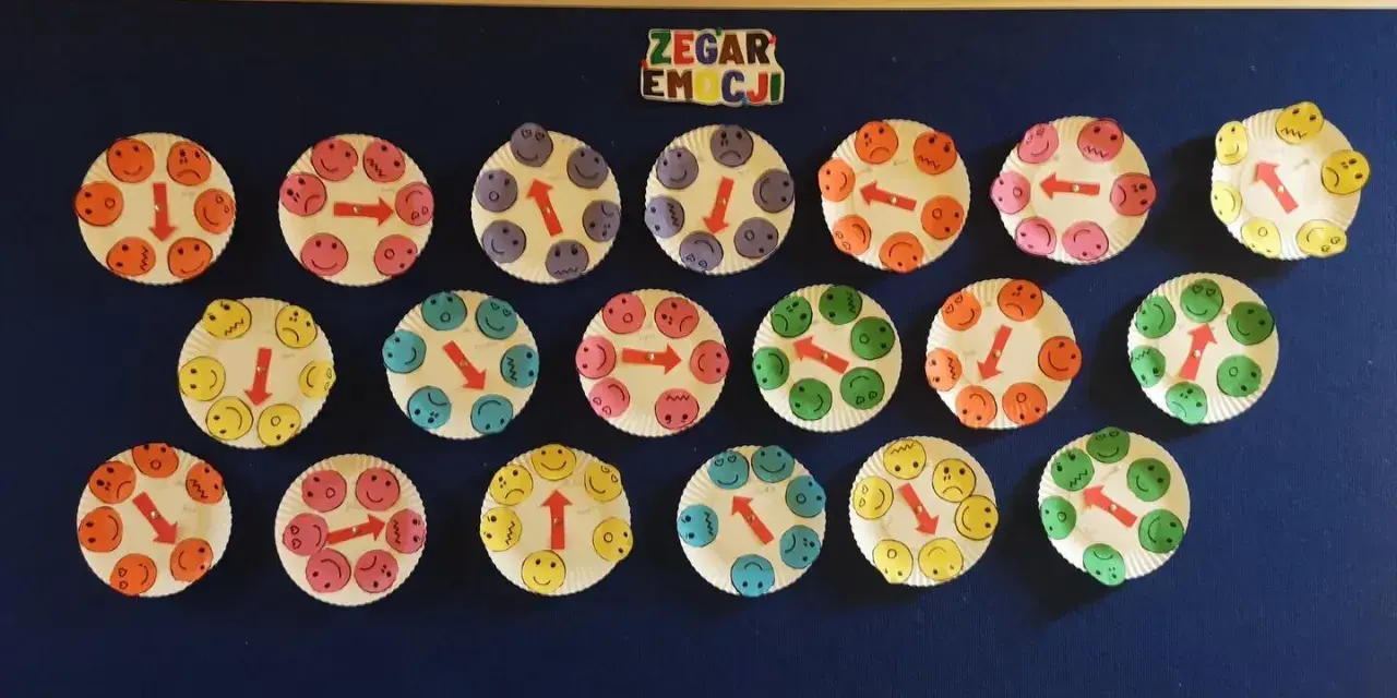 Praca plastyczna dla 3 latków: zegar emocji z uśmiechniętymi buźkami na talerzykach papierowych.