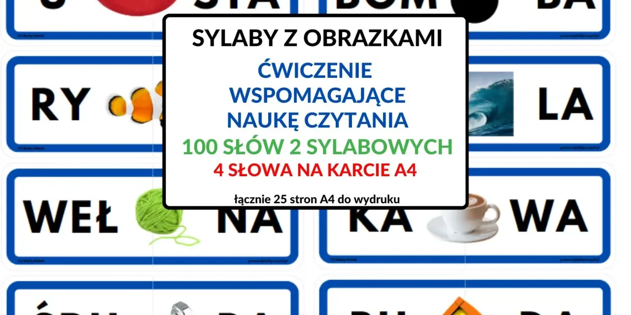 Zestaw kart do druku: sylaby z obrazkami do nauki czytania. Zawiera 100 dwusylabowych słów, 4 na karcie A4.