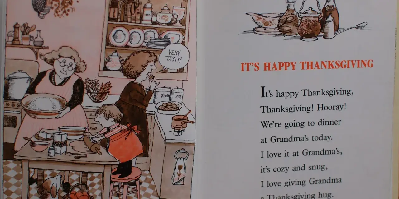 Babcia i wnuczek pieką ciasto. Wiersz "It's happy Thanksgiving" to jedne z najpiękniejszych wierszy religijnych dla dzieci.