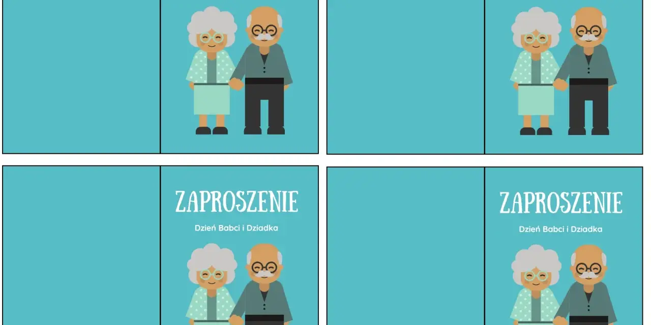 Zaproszenie na Dzień Babci i Dziadka. Uśmiechnięci dziadkowie trzymają się za ręce.