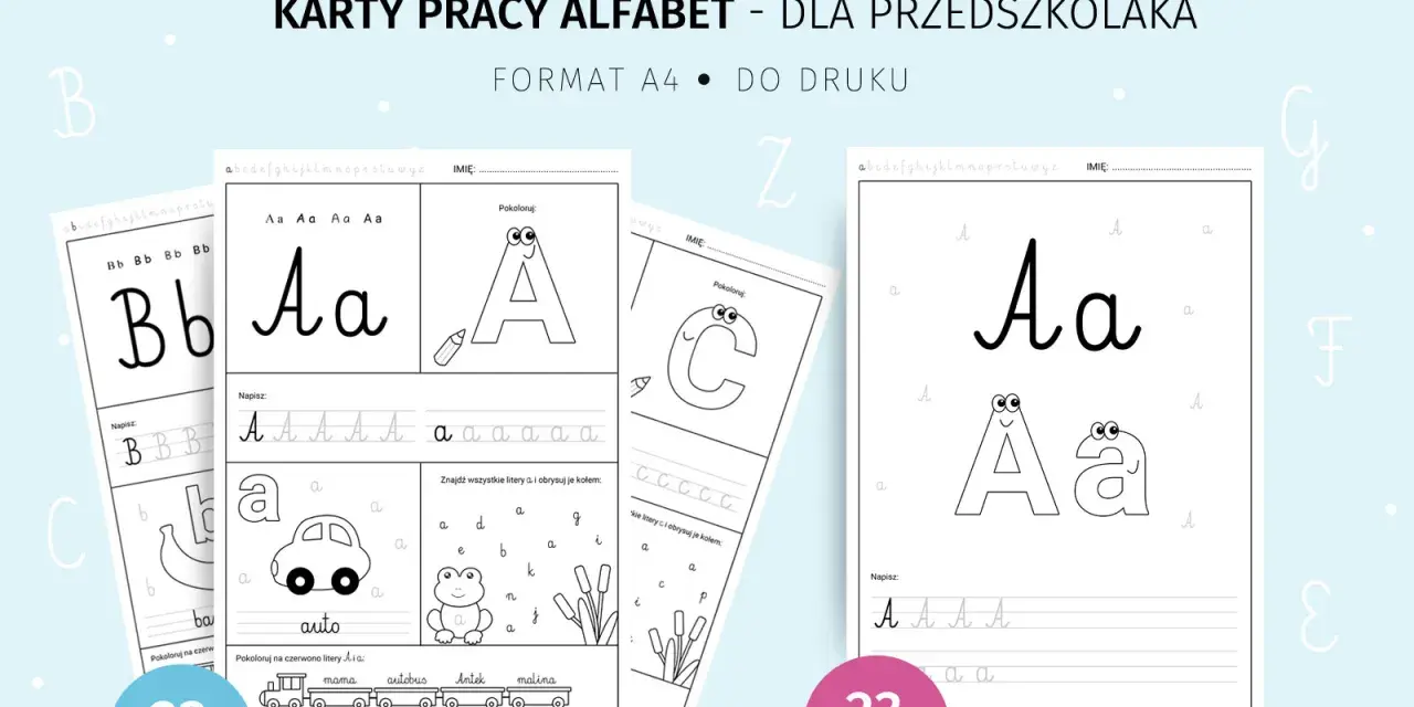 Karty pracy litery przedszkole: ćwiczenia z alfabetem, pisanie, kolorowanie liter A, B, C. Idealne dla przedszkolaków.