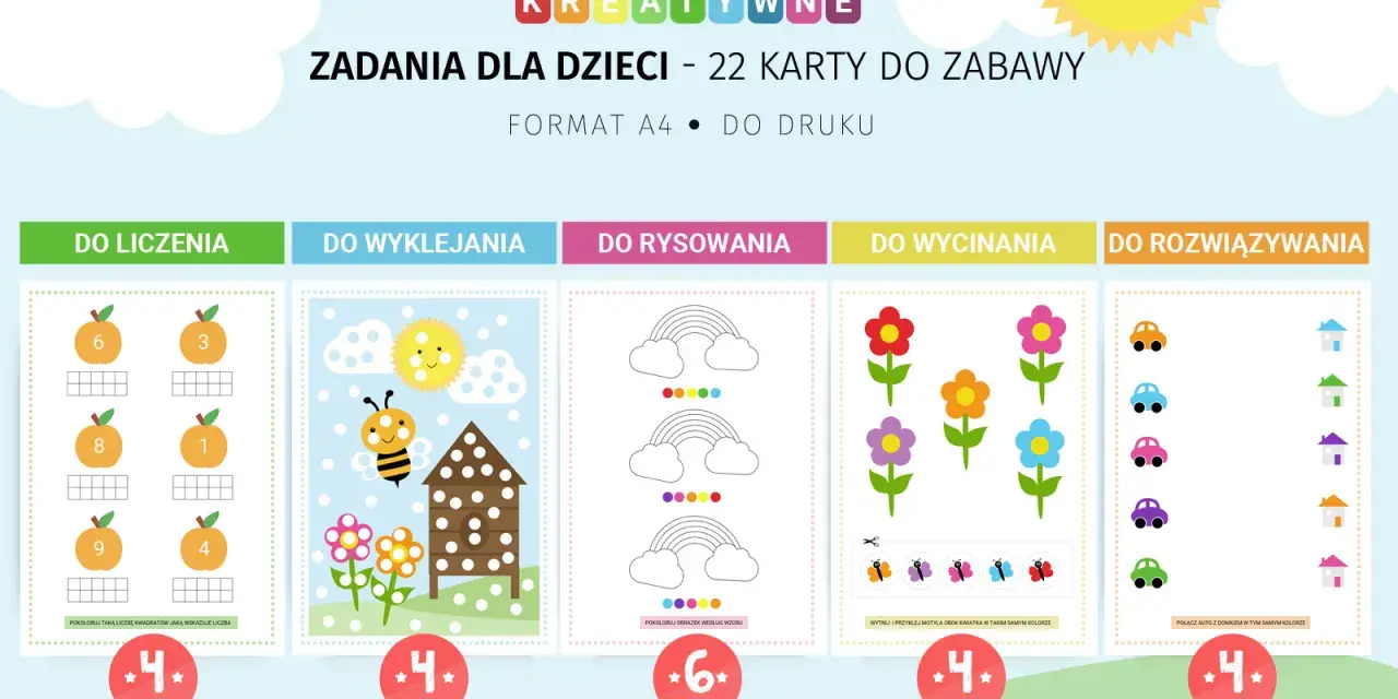 Kreatywne zadania dla 10 latka do druku: liczenie, wyklejanie, rysowanie, wycinanie i rozwiązywanie.