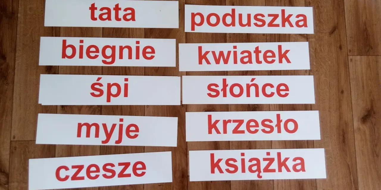 Karty do druku z wyrazami do nauki czytania globalnego: tata, biegnie, śpi, myje, czesze, poduszka, kwiatek, słońce, krzesło, książka.