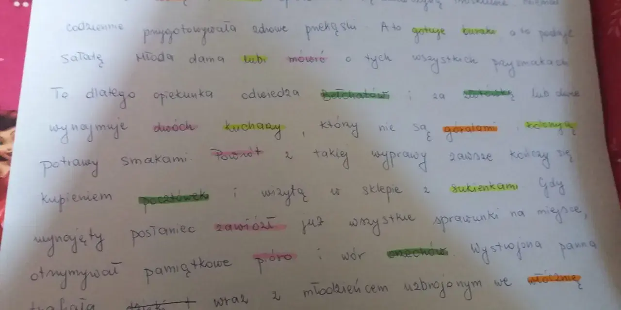Dyktando klasa 7: Mama z córką w pięknym mieście, gotuje buraki i sałatę. Opiekunka wynajmuje kucharki, kupuje pocztówki i sukienki.