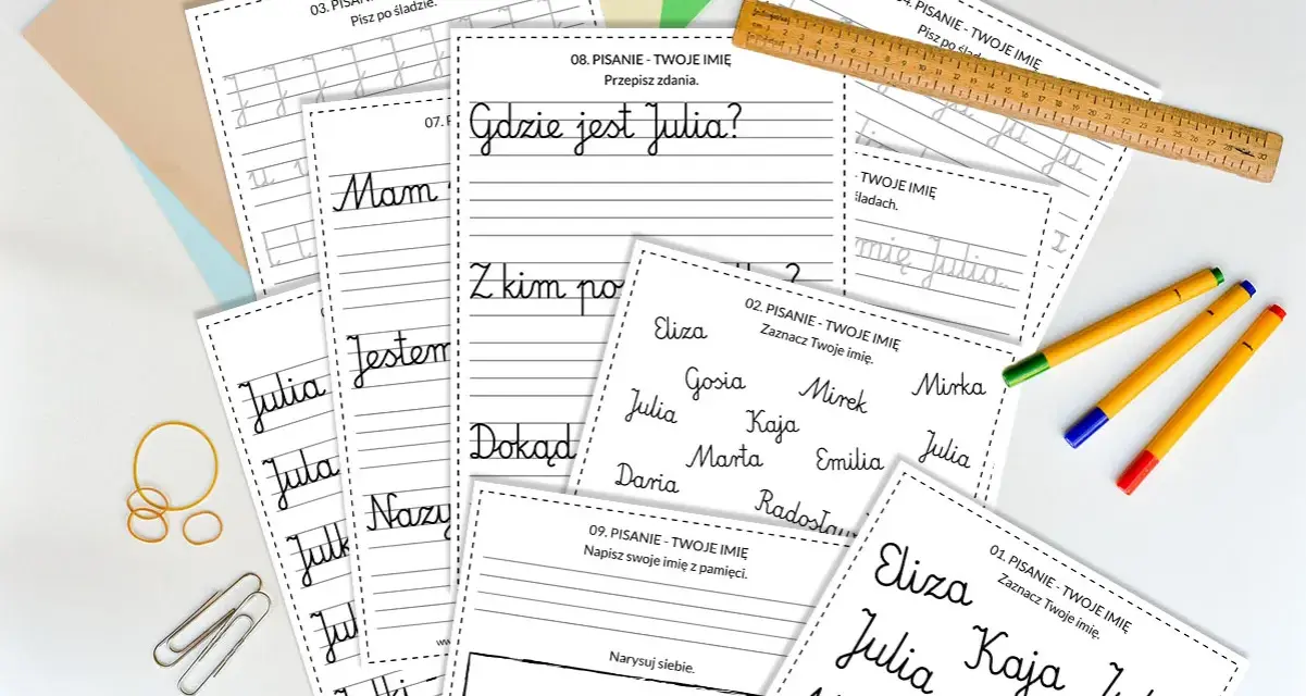 Ćwiczenia grafomotoryczne: pisanie po śladzie, zaznaczanie imion, pisanie zdań. Nauka pisania imion, np. Julia, Eliza, Kaja.