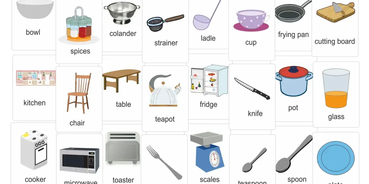 Zestaw kart z obrazkami przedstawiającymi przybory kuchenne po angielsku: bowl, colander, frying pan, cutting board, kitchen, table, fridge, chair, teapot, knife, pot, glass, cooker, microwave, toaster, fork, scales, teaspoon, spoon, plate.