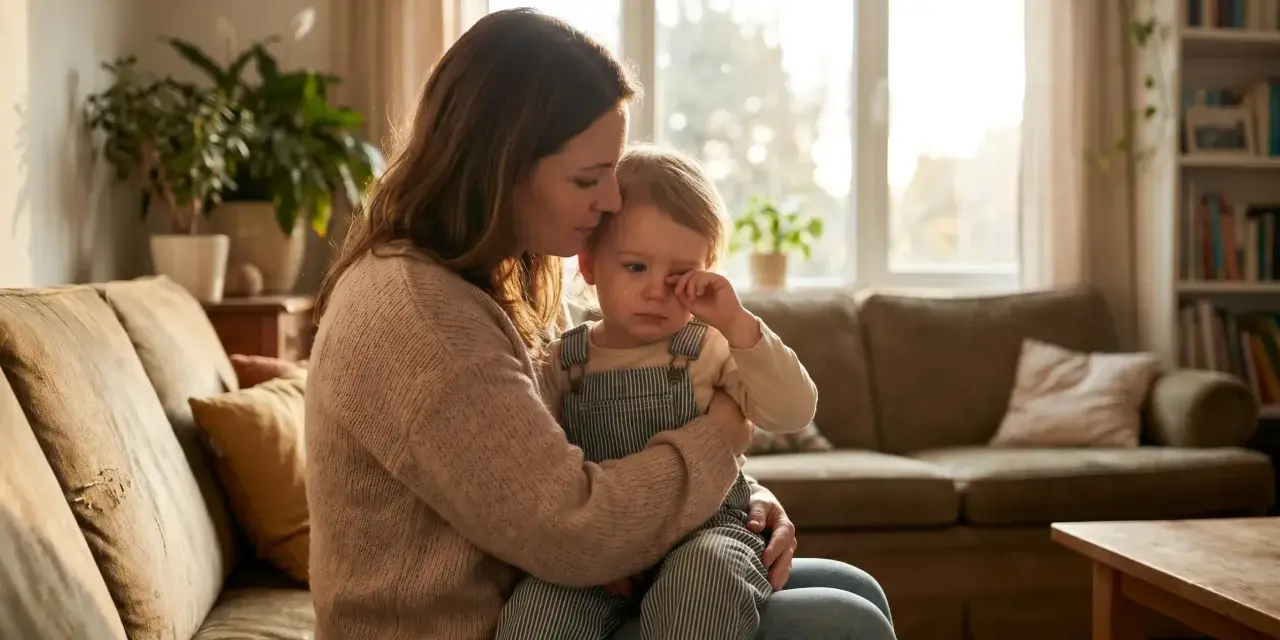 Matka pociesza płaczące dziecko, wspierając jego rozwój emocjonalny.
