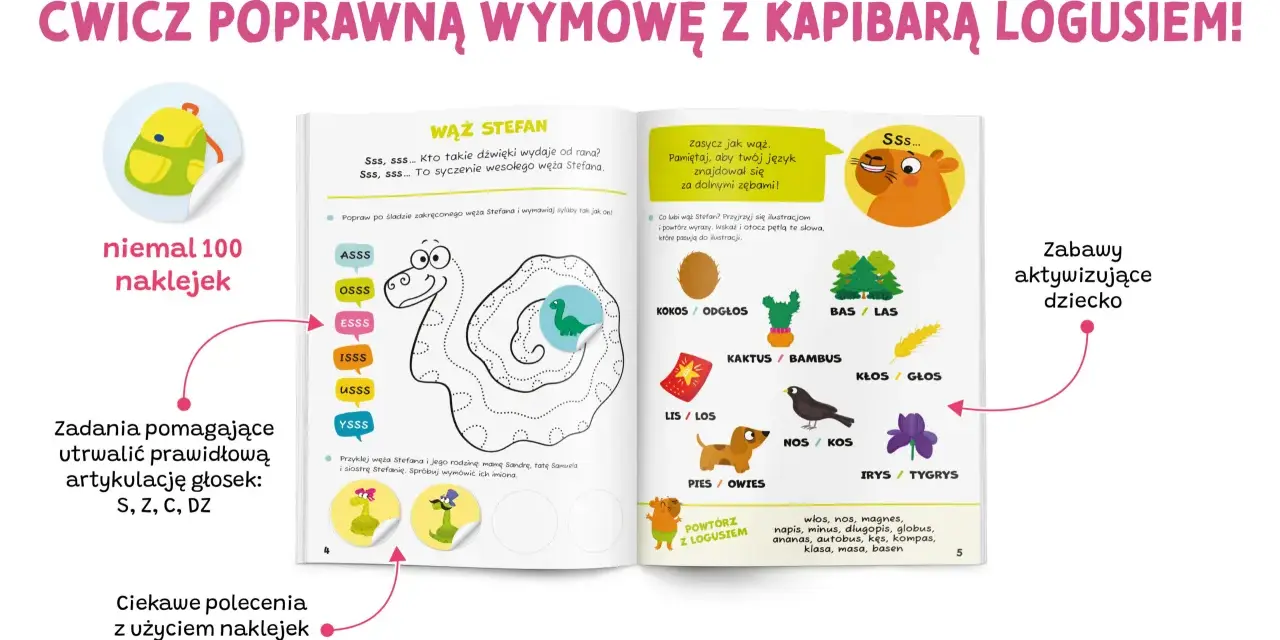 Ćwiczenia logopedyczne dla 3 latka z Logusiem: śledzenie węża Stefana, powtarzanie sylab i wyrazów, przyklejanie naklejek z rodziną węża.